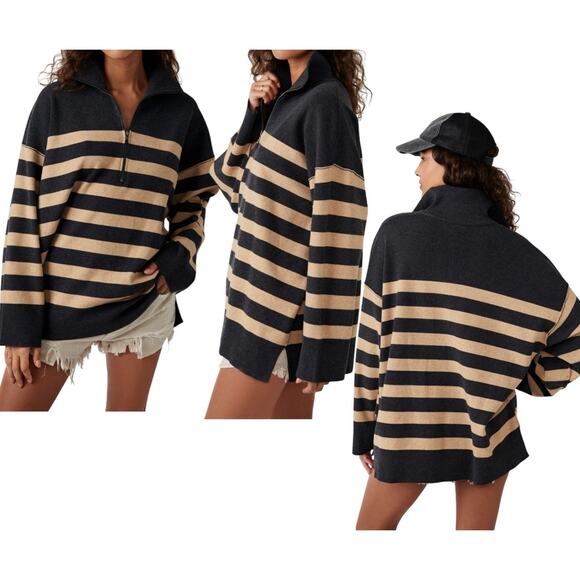Free People Coastal Stripe Carbon Camel Sweater Zip Preppy Oversized Medium - Picture 1 of 12